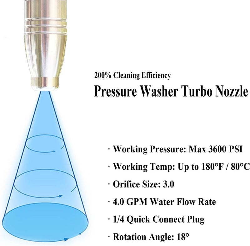 TeenGo Turbo Nozzle Pressure Washer Tips, SUS 304 Stainless Steel 360°Rotating Turbo Nozzle Tips for Pressure Washer Power Washer 3600 PSI Max with 1/4”Quick Connector, 3.0 Orifice, 4.0 GPM, 180 °F - Image 2